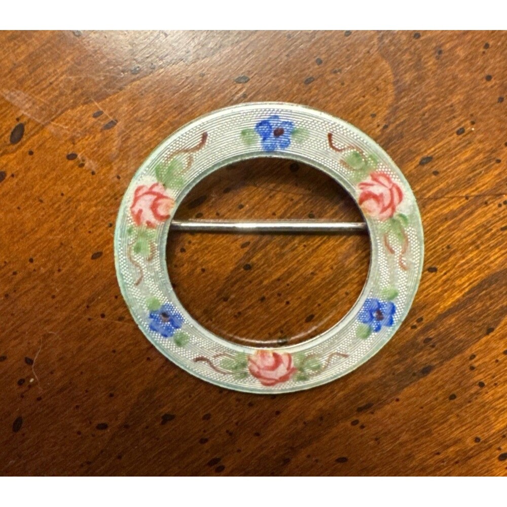 La Mode Sterling Silver Guilloche Enamel Floral Brooch Rose Blue Flower Pin Vtg